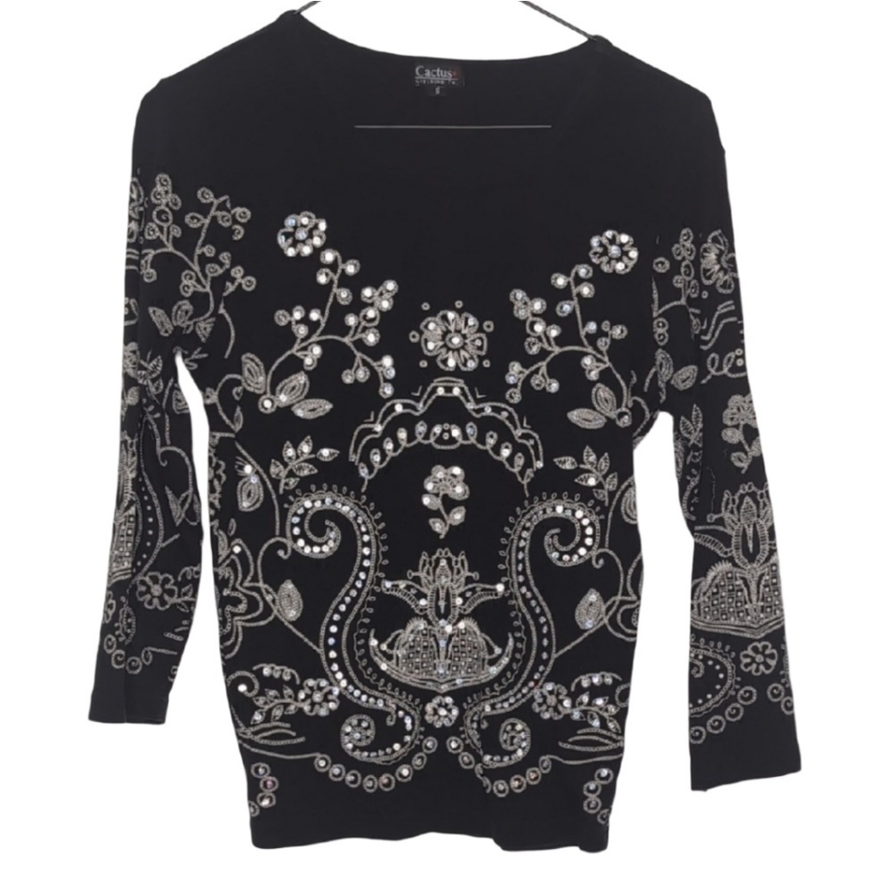 Vintage Cactus Clothing Womens Small Black 3/4 Length Sleeve Pattern Cotton Tee